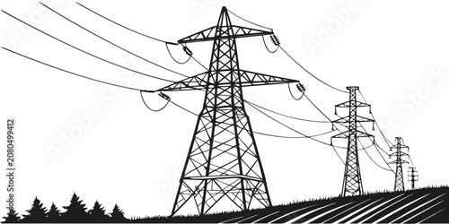 Tableau sur toile High voltage power pylons landscape black and white vector design with electrici