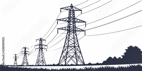 Quadro em tela Electric power transmission towers in countryside vector landscape graphic with