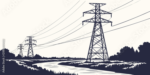 Fotografie Electrical transmission towers and power lines in rural landscape vector graphic