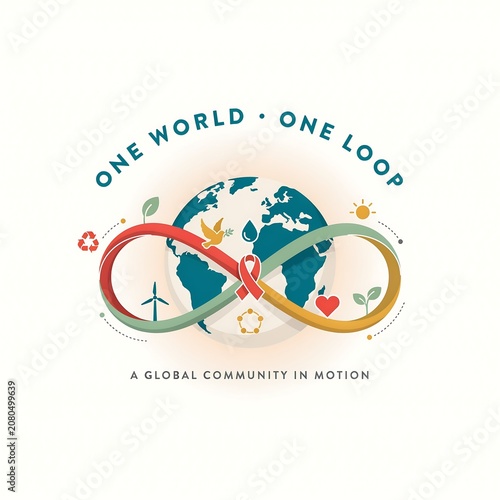 Infinity Loop With World Map And Symbols Vector Illustration