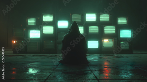 Cinematic moody hooded figure sitting facing glowing television monitor wall exuding mysterious isolated and intense emotional focus
