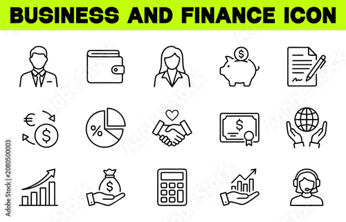 Vector Business and Finance Editable Stroke Line Icon Set with Money, Bank, Check, Law, Auction, Exchange, Payment, Wallet, Deposit, Piggy, Calculator, Web and More Isolated Outline Thin Symbol