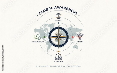 Compass Rose With Global Map And Iconography Vector Illustration