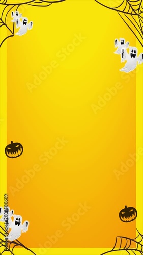 Bright Yellow Halloween Background with Ghosts and Spider Web
