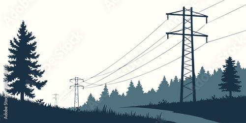 Foto Electrical infrastructure high voltage power pylons in rural countryside illustr