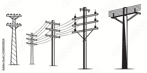Illustration of multiple electric power utility poles with connected wires electricity transmission infrastructure distribution electrical