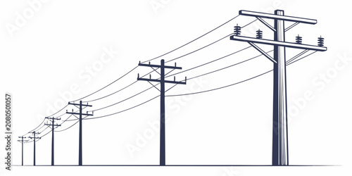 Series of high voltage electric utility poles with transmission lines electricity transmission electrical distribution infrastructure industrial