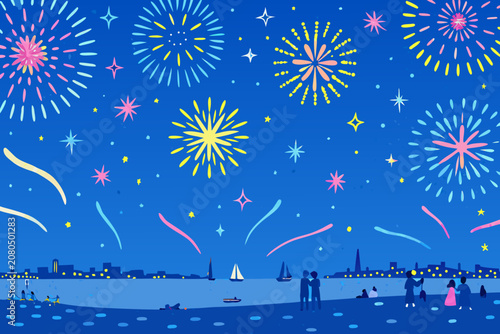Fireworks display over a cityscape vector illustration with a dark blue background