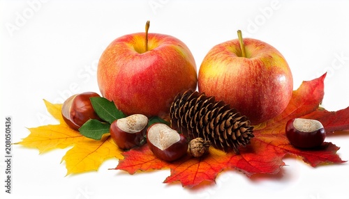 Autumn Composition With Apples Pine Cones Chestnuts And Maple Leaves Isolated On White Background