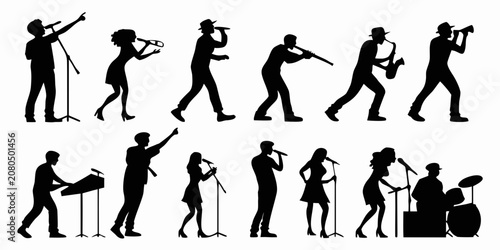 Photography Set of black silhouettes of musicians and singers performing live music on stage