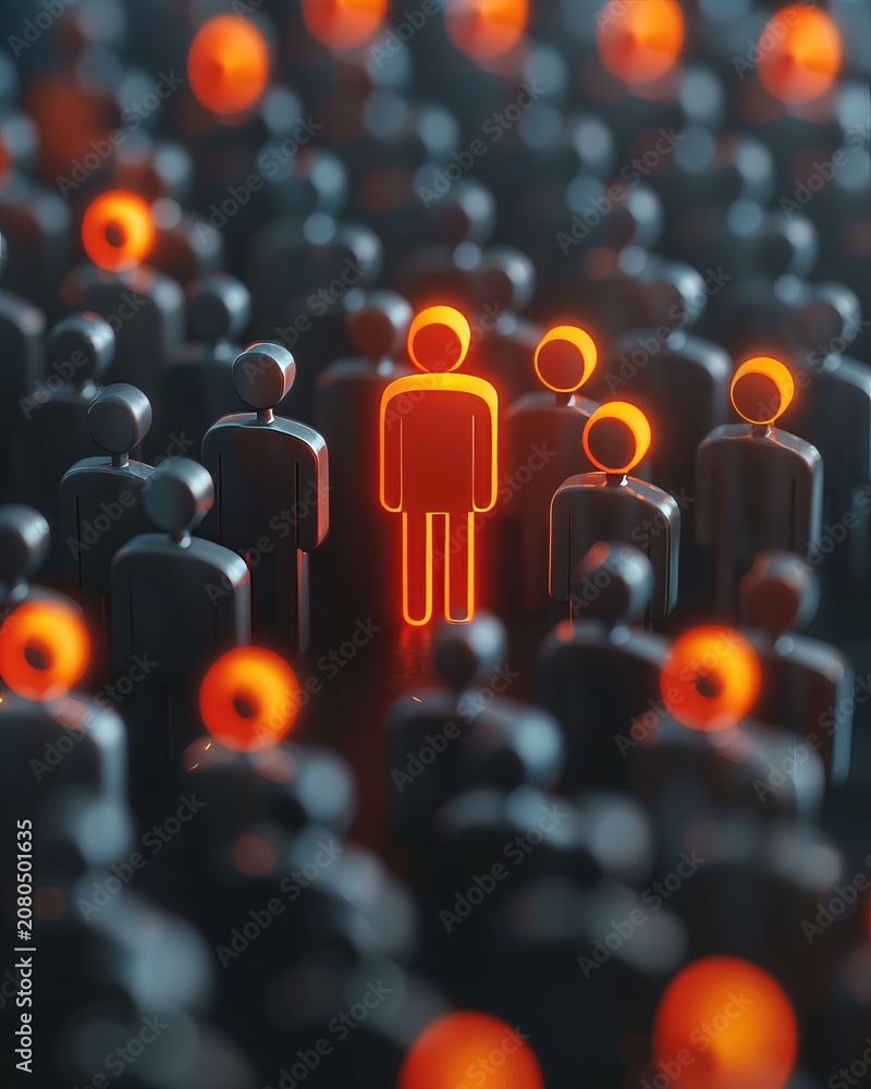 Obraz premium A glowing figure among silhouettes representing leadership and individuality in human resources