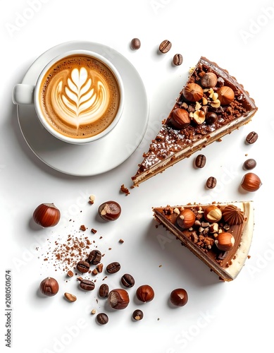 Cappuccino and Chocolate Cake with Hazelnuts on White.