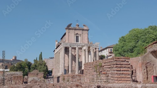 Historic Church and Ancient Brick Ruins at the Roman Forum in Rome