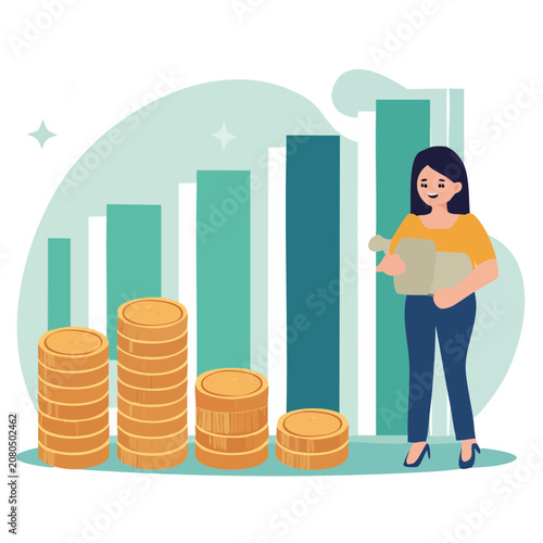 Woman with bar chart and coins illustrating business growth