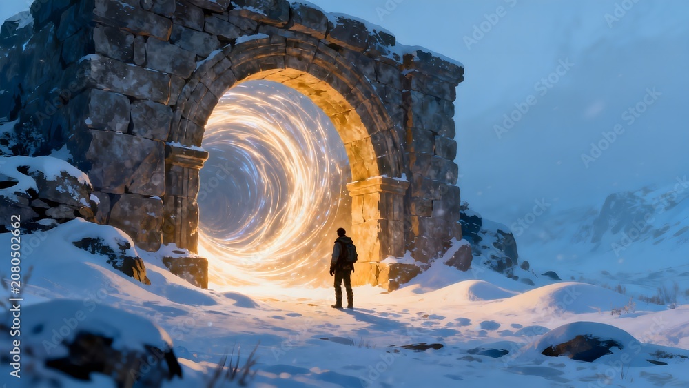 Fototapeta premium Person standing in front of glowing archway