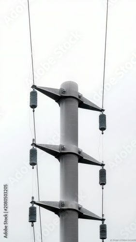 Vertical shot of an electrical utility pole with power lines. Industrial infrastructure against an overcast sky. Copy space for text