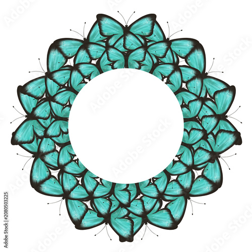 Intricate round butterfly frame formed by layered turquoise butterflies. Decorative raster illustration isolated on white, ideal for invitations, greeting cards, wedding stationery and prints