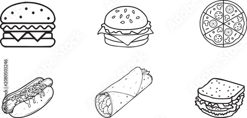 Minimalist fast food line icons set, 6 black and white vector illustrations of burgers, pizza, hot dog, burrito and sandwich for restaurant menus