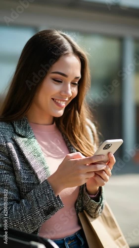 Young woman using a smartphone outdoors. Smiling female texting on mobile phone in a city setting. Lifestyle and technology concept