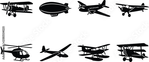 Schilderij op canvas Vintage aircraft and aviation black silhouettes vector icon set featuring biplan
