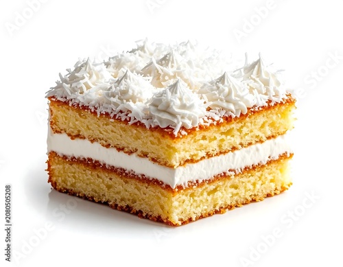 Delicious layered coconut cake with white frosting.