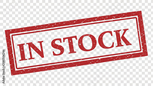 In Stock Red Rubber Stamp Isolated on Transparent Background, Distressed Grunge Stamp PNG