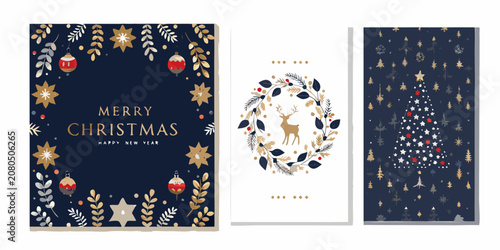 Floral ornament christmas card set vector illustration with golden accents
