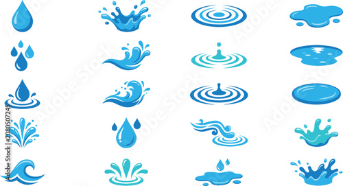 Photos Blue Water Splash and Liquid Droplet Icon Set Featuring Miscellaneous Wave Rippl