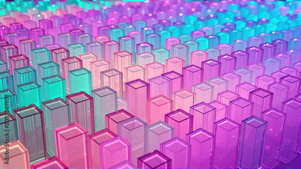 Fototapeta premium Abstract digital landscape. Glowing rectangular prisms create undulating waves, vibrant pinks, blues dominate composition. Dark background enhances luminosity.