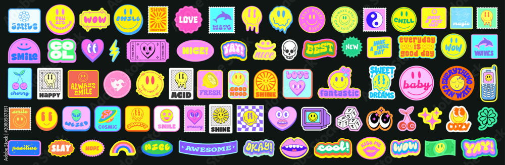 Fototapeta premium Cool Trendy Y2k Stickers Pack Vector Design. Groovy Cute Patches Graphic Elements. Pop Art Labels.