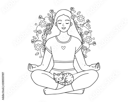 Woman Meditating with Cat Line Art Illustration