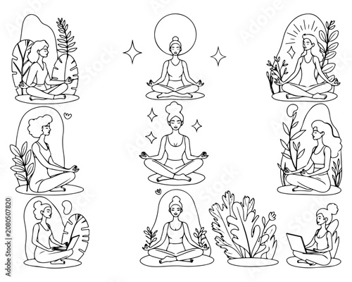Yoga Meditation Line Art Illustration Set with Women and Plants