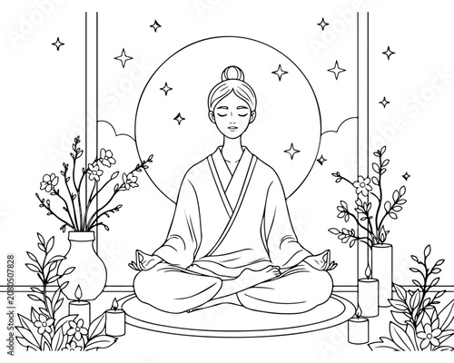 Woman Meditating Line Art Illustration for Coloring Page