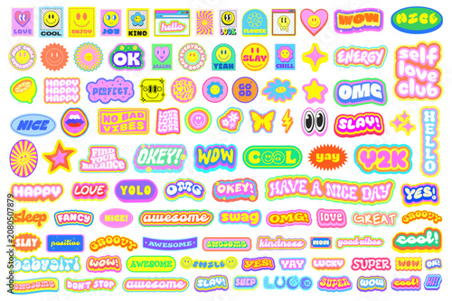 Cool Trendy Y2k Stickers Pack Vector Design. Groovy Cute Patches Graphic Elements. Pop Art Labels.