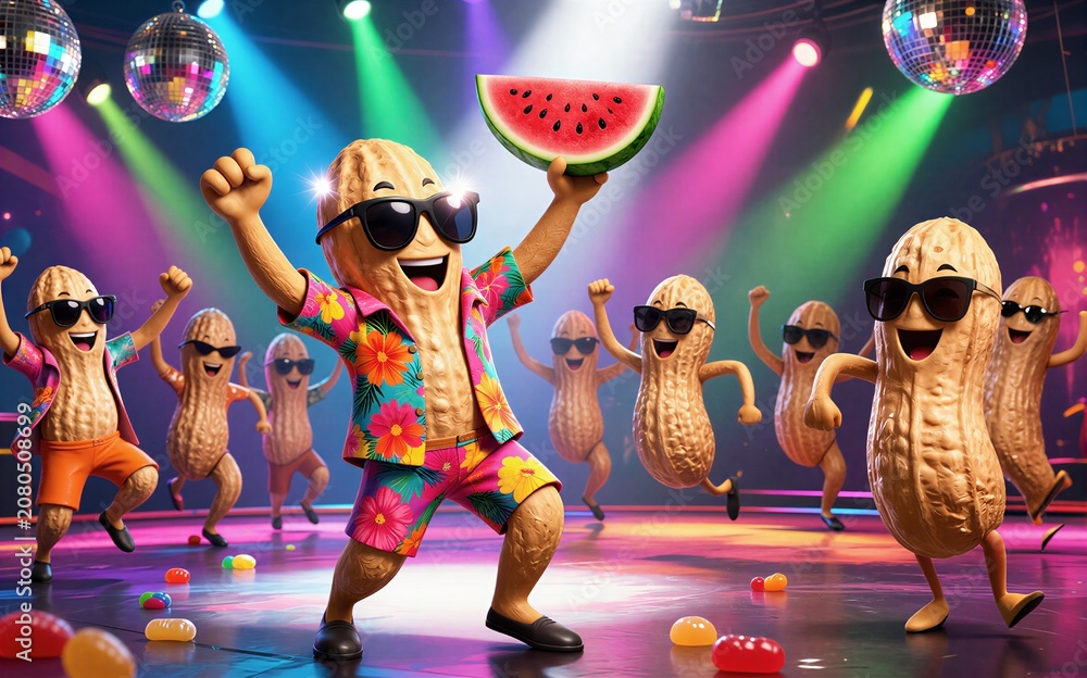 Fototapeta premium Peanut characters dance under disco lights with watermelon slices and candy.