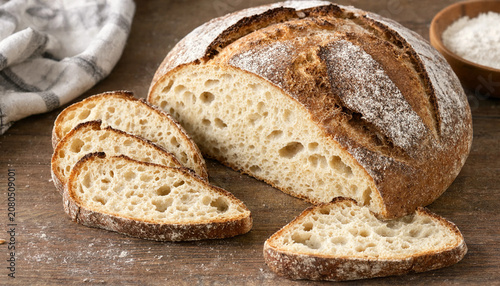 Schilderij op canvas A rustic loaf of sourdough bread with several slices cut, resting on a dark wood