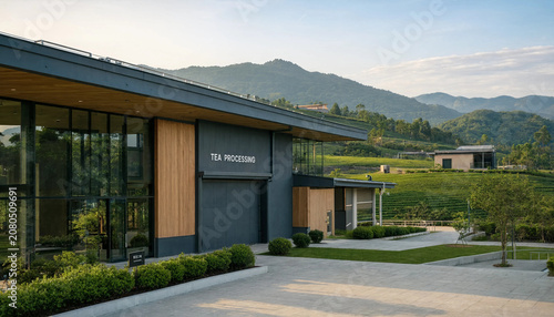 Foto A tea processing building with wooden accents and glass windows, situated next t
