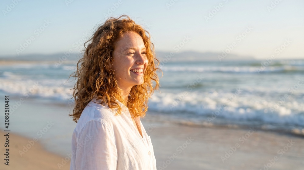 Obraz premium Caucasian woman with curly hair smiles while standing on a sandy beach near the ocean during sunset with waves in the background