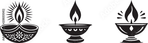 Traditional Diwali Diya oil lamp icons, black and white Indian festival vector set, 3 decorative burning candle elements for religious celebration