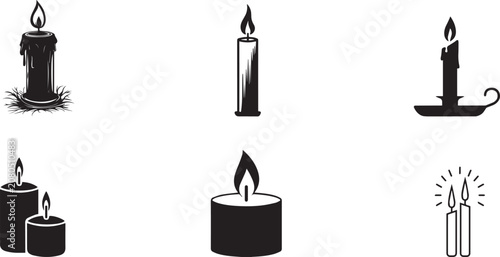 Vintage candle icons set, black silhouette wax candles with burning flames, 6 vector candle elements for religious or memorial design