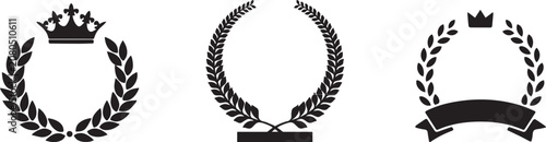 Vintage laurel wreath vector collection, black heraldic crown and olive branch icons, set of 3 elegant award frames for certificates and logos