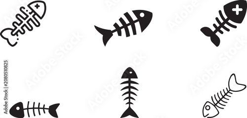 Foto Minimalist fish bone icons set, black silhouette fish skeleton vector illustrati
