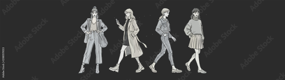 Fototapeta premium Fashion Model Silhouettes Vector Set Walking Women Collection