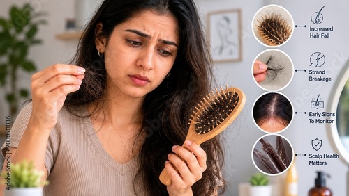 Young woman checking hair shedding and scalp health warning signs with brush and hair breakage