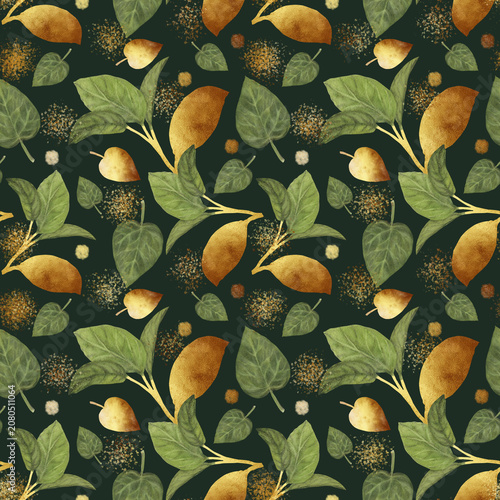 Watercolor Botanical Seamless Pattern with Gold Textured Leaves on Dark Background