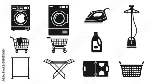 A monochrome flat vector icon set of 9 industrial laundry tools including washing machine, dryer machine, steam iron, garment steamer, laundry cart, detergent bottle, cloth rack, folding board