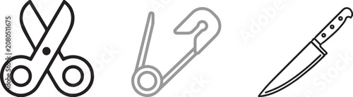 Minimalist sharp objects icon set, black line art scissors and safety pin, kitchen knife vector illustration, 3 sharp metal tools