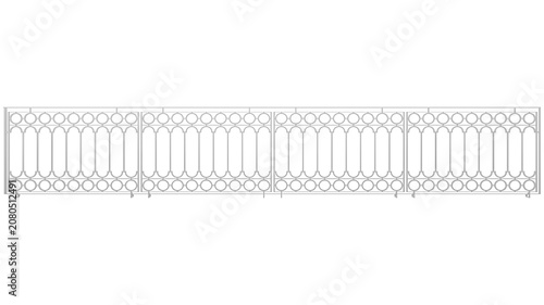 Fotografi Ornate white metal railing with decorative circular pattern and vertical bars, creating an elegant barrier, ideal for balconies or garden fences, architectural detail