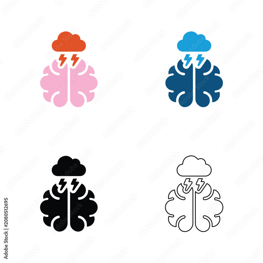 Obraz premium Brainstorming Stress Icon Set with Human Brain and Cloud Lightning Thunder Strike Symbol for Mental Health Crisis and Overthinking Vector Illustration