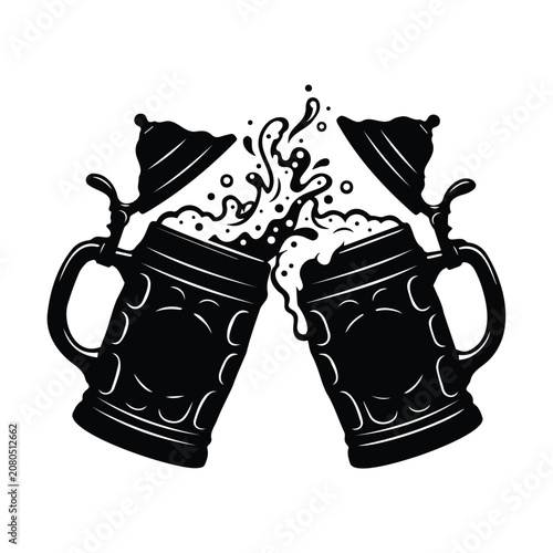 Two traditional beer steins with hinged lids clinking together vector graphic icon.